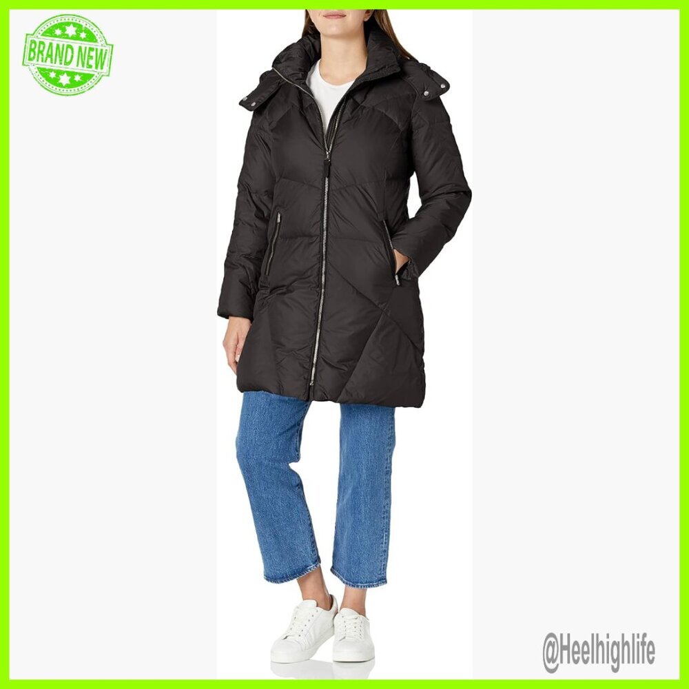 Long Down Coat with Removable Hood, Fitted Quilted Parka